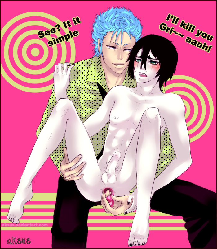 2boys anal_fingering arrancar black_hair bleach blue_hair clothed_on_nude espada gay grimmjow_jaegerjaquez male male_only multiple_males penis ulquiorra_cifer yaoi