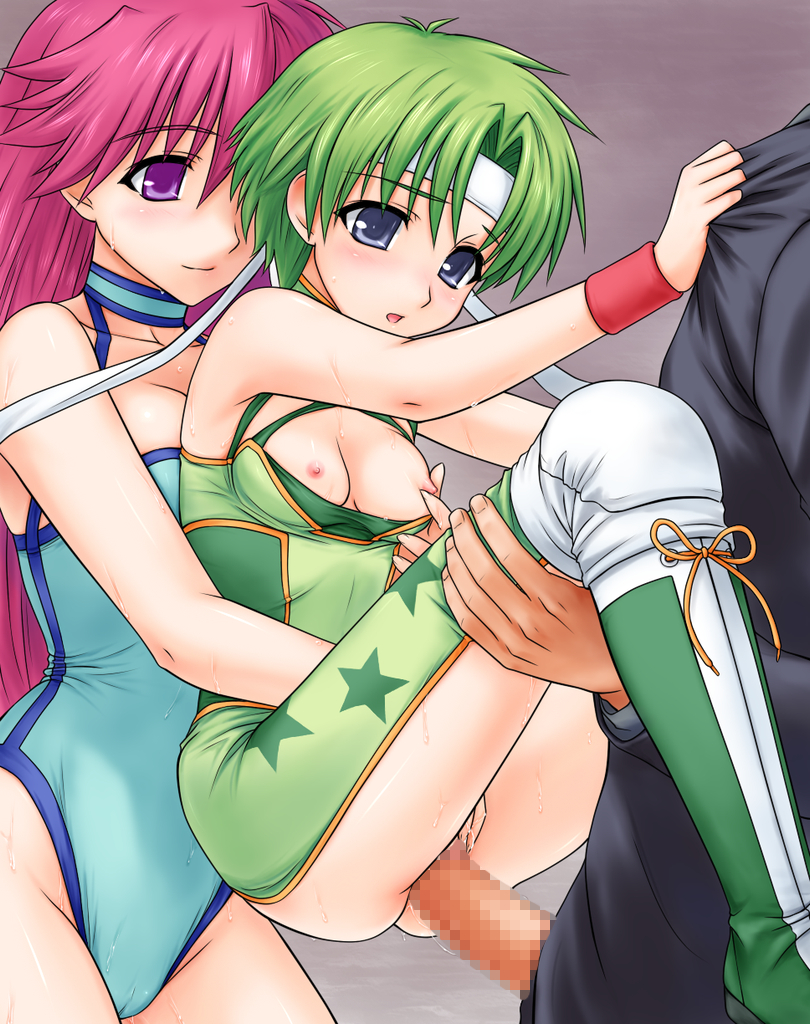 artist_request blush breasts breasts_out cameltoe censored character_request clothed_sex clothing fingering green_hair headband kikuchi_riu kikuchi_riyu leotard magenta_hair medium_breasts mighty_yukiko multiple_girls nipple_tweak nipples penis pussy sex smile source_request star star_print sweat threesome vagina vaginal_penetration wrestle_angels