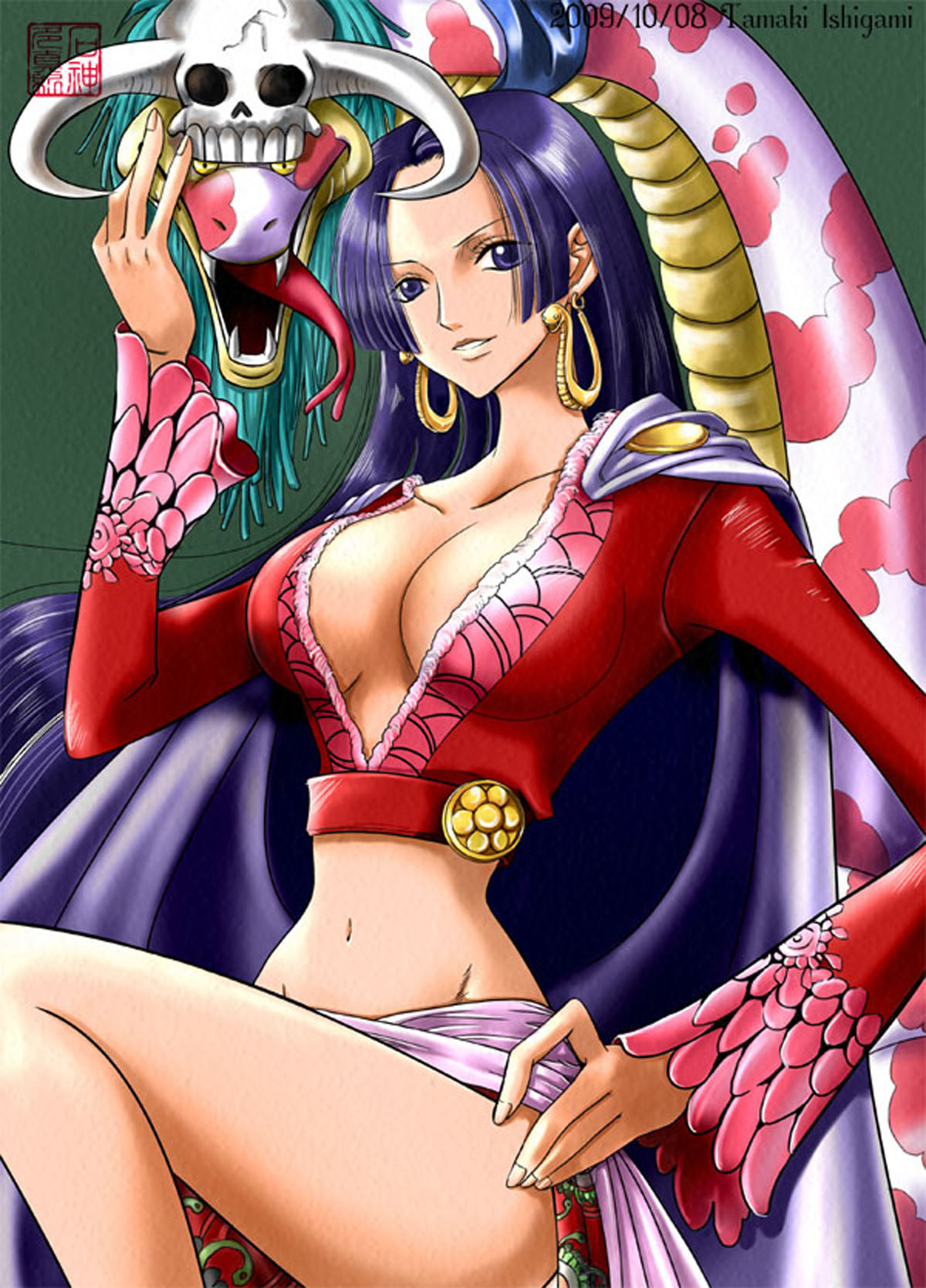 1girls 2009 animal boa_hancock breasts cape cleavage dated earrings female female_focus female_only highres jewelry long_hair midriff navel one_piece salome_(one_piece) skull snake solo_focus straight_hair tamaki_ishigami