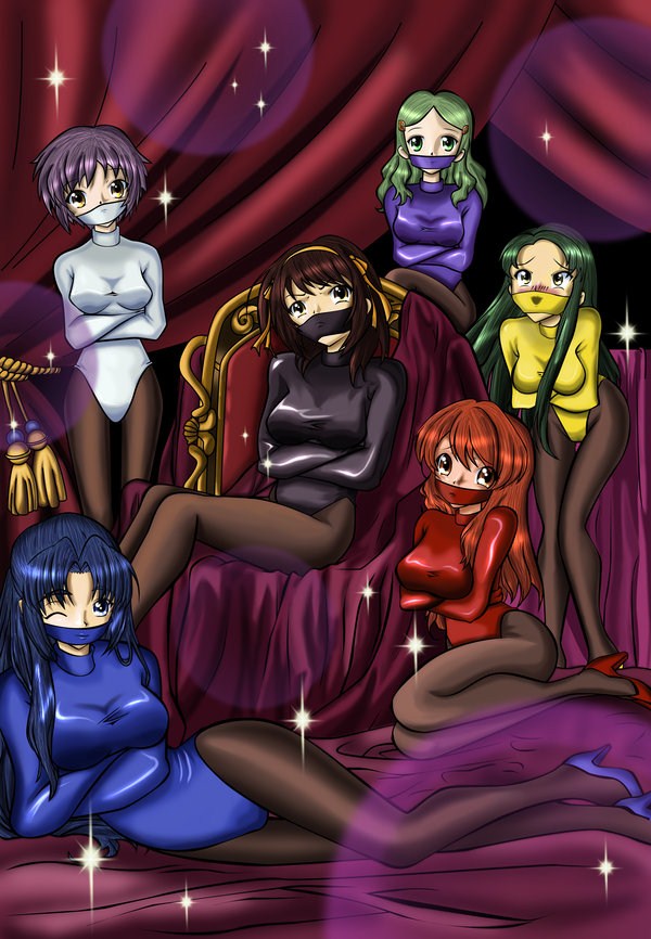 asahina_mikuru asakura_ryouko bondage gag gagged gimp kimidori_emiri latex nagato_yuki pantyhose parody sparkle straitjacket suzumiya_haruhi suzumiya_haruhi_no_yuuutsu tsuruya