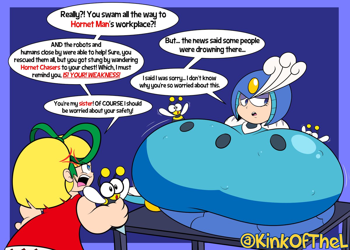 2girls anthro blue_eyes breasts_bigger_than_head capcom dialogue english_text huge_breasts kinkofthel massive_breasts mega_man mega_man(classic) rockman roll speech_bubble splash_woman talking_to_viewer text text_bubble