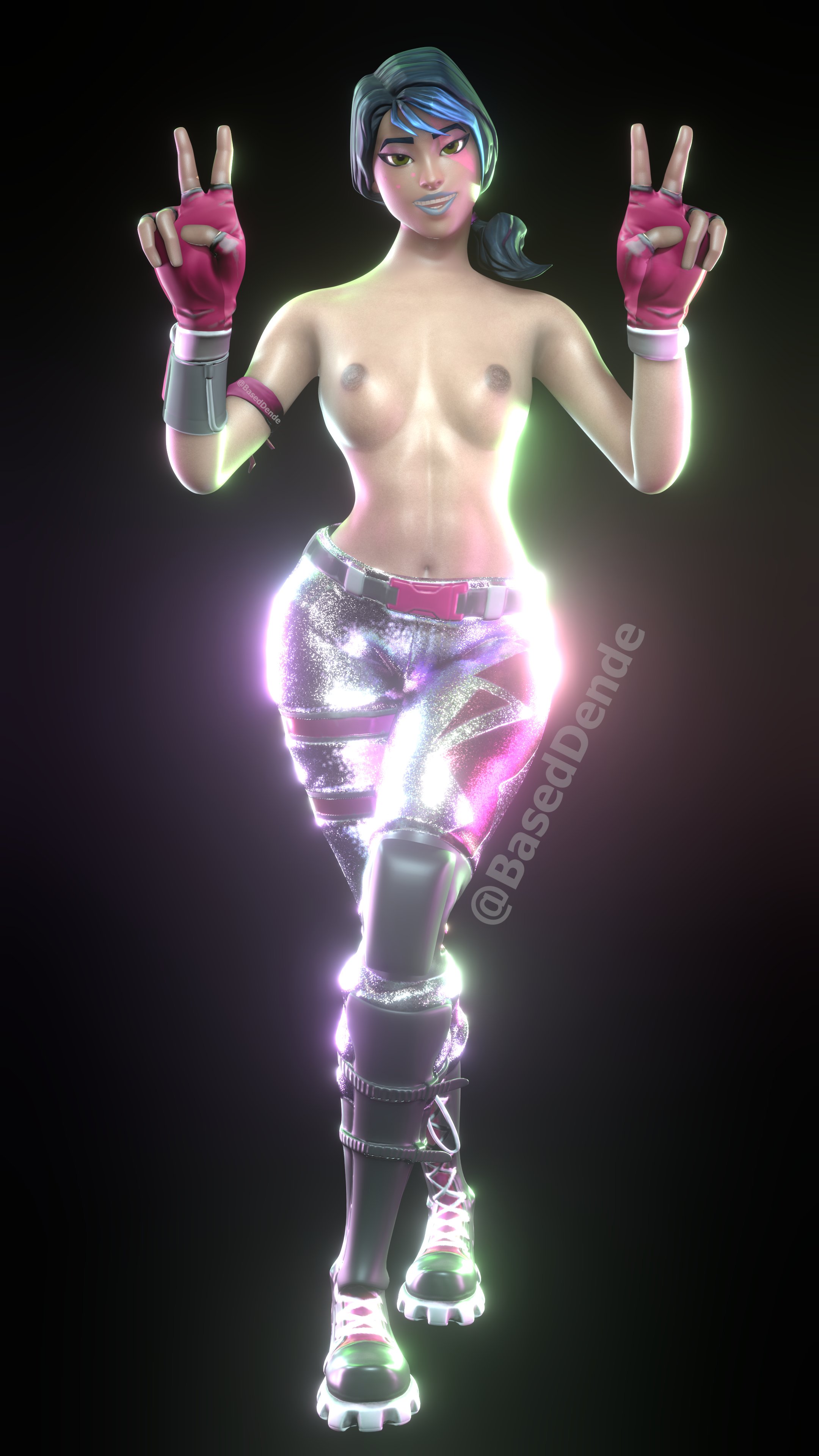 1girls, 3d, baseddende, black hair, blue lips, breasts, brown eyes, dyed hair, facepaint, female, fingerless gloves, fortnite, looking at viewer, multicolored hair, peace sign, shiny, shiny skin, sparkle specialist, tagme, topless, topless female