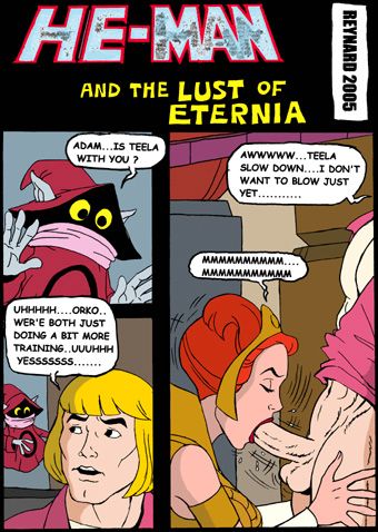 1girls 2005 2boys black_eyes blonde_hair closed_eyes comic fellatio female filmation he_man male masters_of_the_universe oral oral_sex orange_hair orko penis prince_adam reynard sex teela yellow_eyes