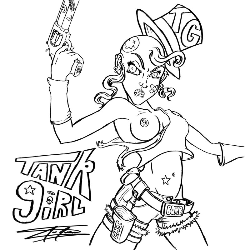 1girls belt big_breasts breasts casual exposed_breast female firearm gun handgun headwear human legwear monochrome navel nipple_piercing pale_skin rebecca_buck revolver shorts solo tagme tank_girl top_hat weapon