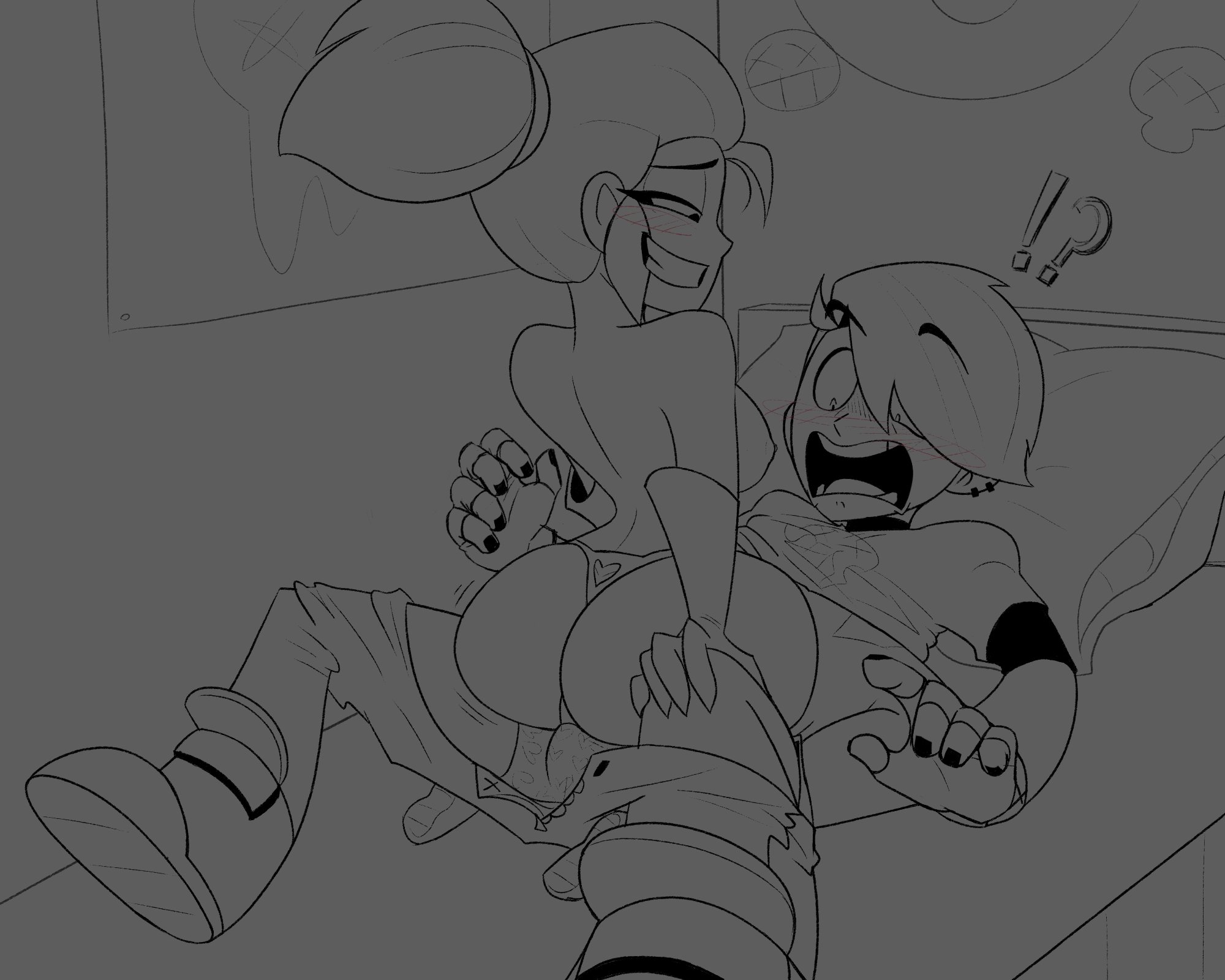 !, !?, ?, 2d, areolae, ass, ass focus, bed, big ass, big butt, blush, blush lines, blushing, boots, brawl stars, breasts, bulge, bulge through clothing, edgar (brawl stars), eyes, eyes open, female, hi res, highres, janet (brawl stars), looking at another, looking at partner, looking down, male, medium breasts, nipples, no color, on bed, open eyes, panties, pants, ponytail, sex, sex on bed, shocked, smile, smiling at partner, totoshech, uncensored
