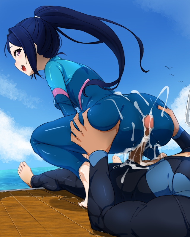 1boy 1girls ass ass_focus ass_grab back_view blue_hair blue_sky bodysuit buttjob cum cum_on_ass cum_on_body cumming cumshot female_on_top haizuru looking_back looking_pleasured love_live! love_live!_sunshine!! matsuura_kanan ocean ponytail purple_eyes seaside skin_tight swimsuit tight_clothing wetsuit