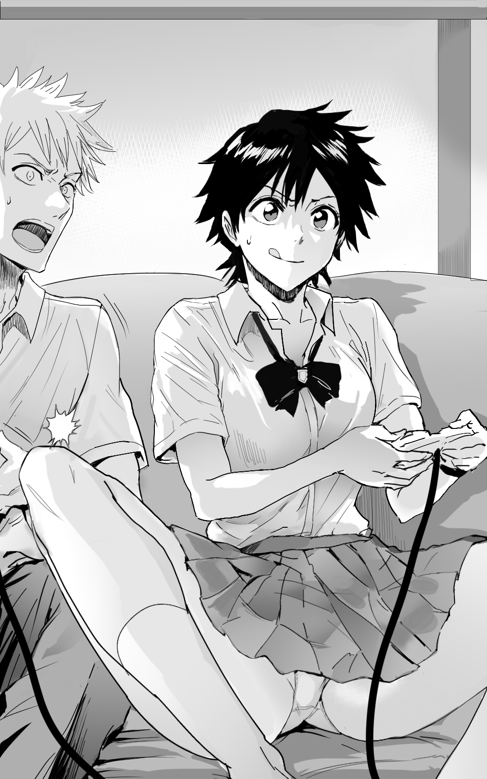 1boy 1girls arisawa_tatsuki black_and_white bleach daraz18aka female flashing_panties gamer_girl gaming ichigo_kurosaki kurosaki_ichigo legs_spread male panties school_uniform short_hair_female tatsuki_arisawa tomboy