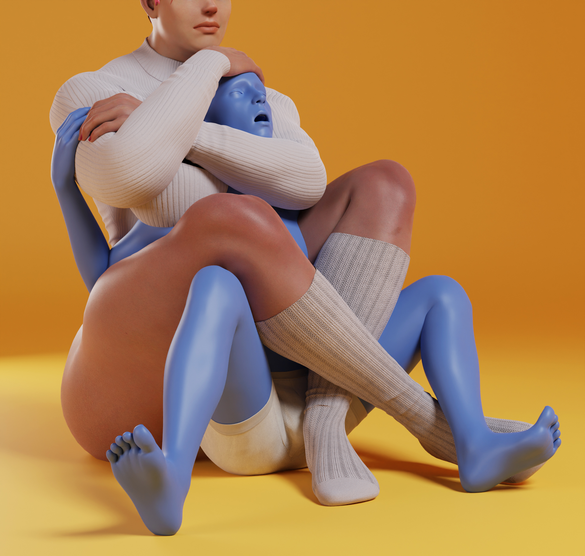 1boy, 1girls, 3d, asphyxiation, big dom small sub, bottomless, choke hold, chokehold, death by snoo snoo, death by snu snu, female, femdom, generic male, hand on head, larger female, leglock, male, muscular, muscular female, overwatch, sandreiio, simple background, size difference, smaller male, snu-snu, socks, submission, submission hold, zarya