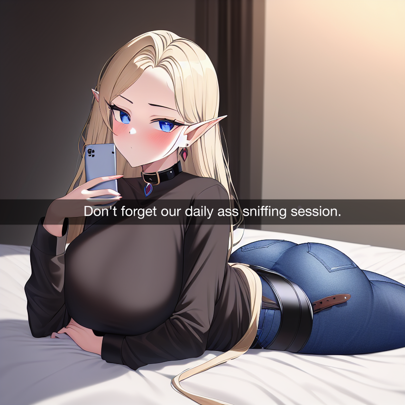 1girls ai_generated alborewimi ass belt big_ass big_butt blonde_female blonde_hair blue_eyes blush breasts caption collar denim earrings edit elf elf_ears elf_female english_text female holding_phone horny_female huge_breasts jeans light-skinned_female long_hair looking_at_viewer mature_female nagging nai_diffusion needy on_bed on_stomach pawg phone pockets round_ass round_butt seductive selfie snapchat solo stable_diffusion the_pose thick_ass