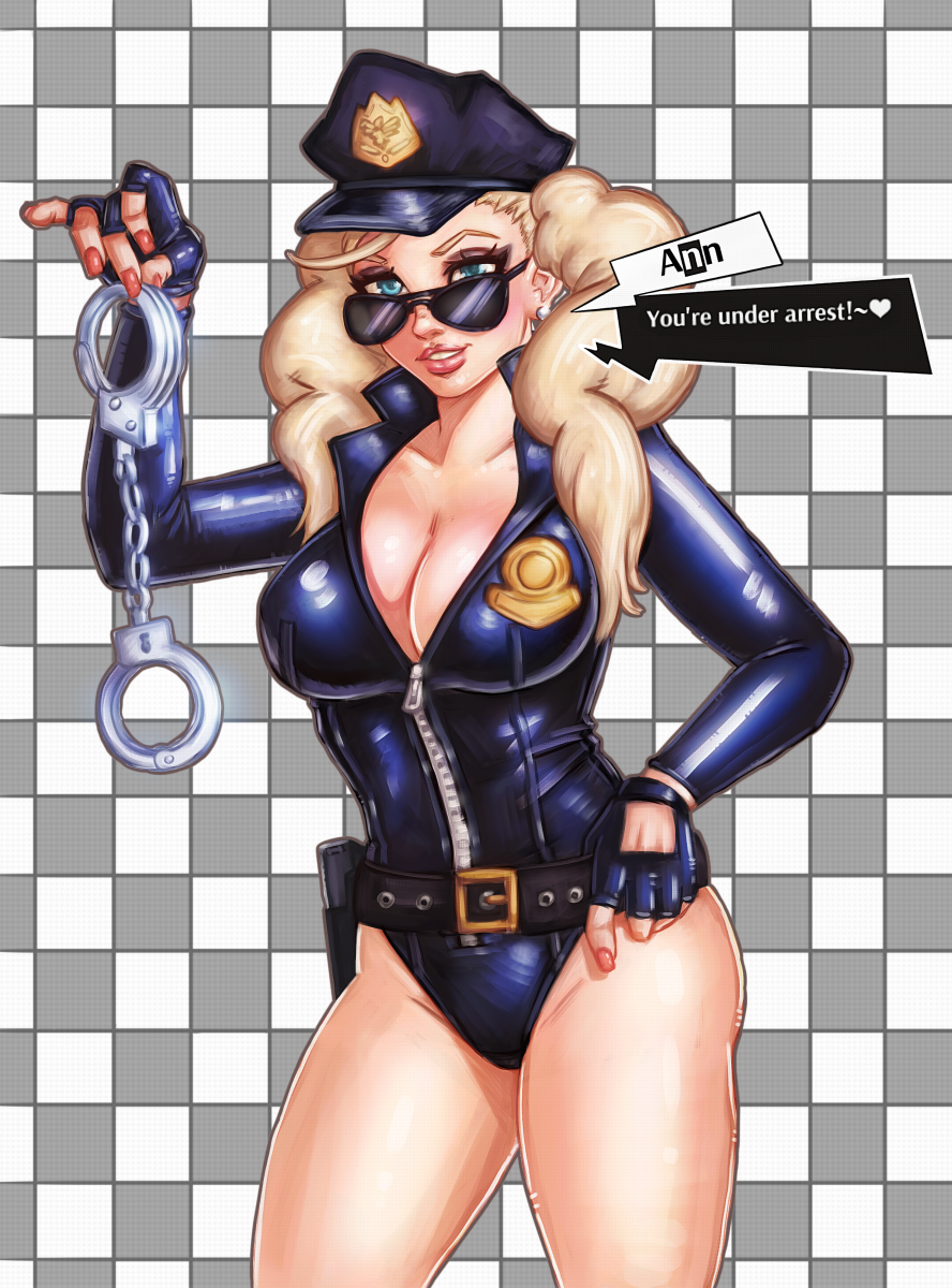 1girls ann_takamaki belt belt_buckle blonde_hair blue_eyes blue_leotard breasts earrings fingerless_gloves gloves gun gun_holster handcuffs hat holding_handcuffs holster l0ngsword large_breasts leotard looking_at_viewer looking_over_eyewear looking_over_glasses looking_over_sunglasses painted_fingernails persona persona_5 police police_hat police_officer police_uniform policewoman sunglasses thighs tinted_eyewear twintails zipper_leotard