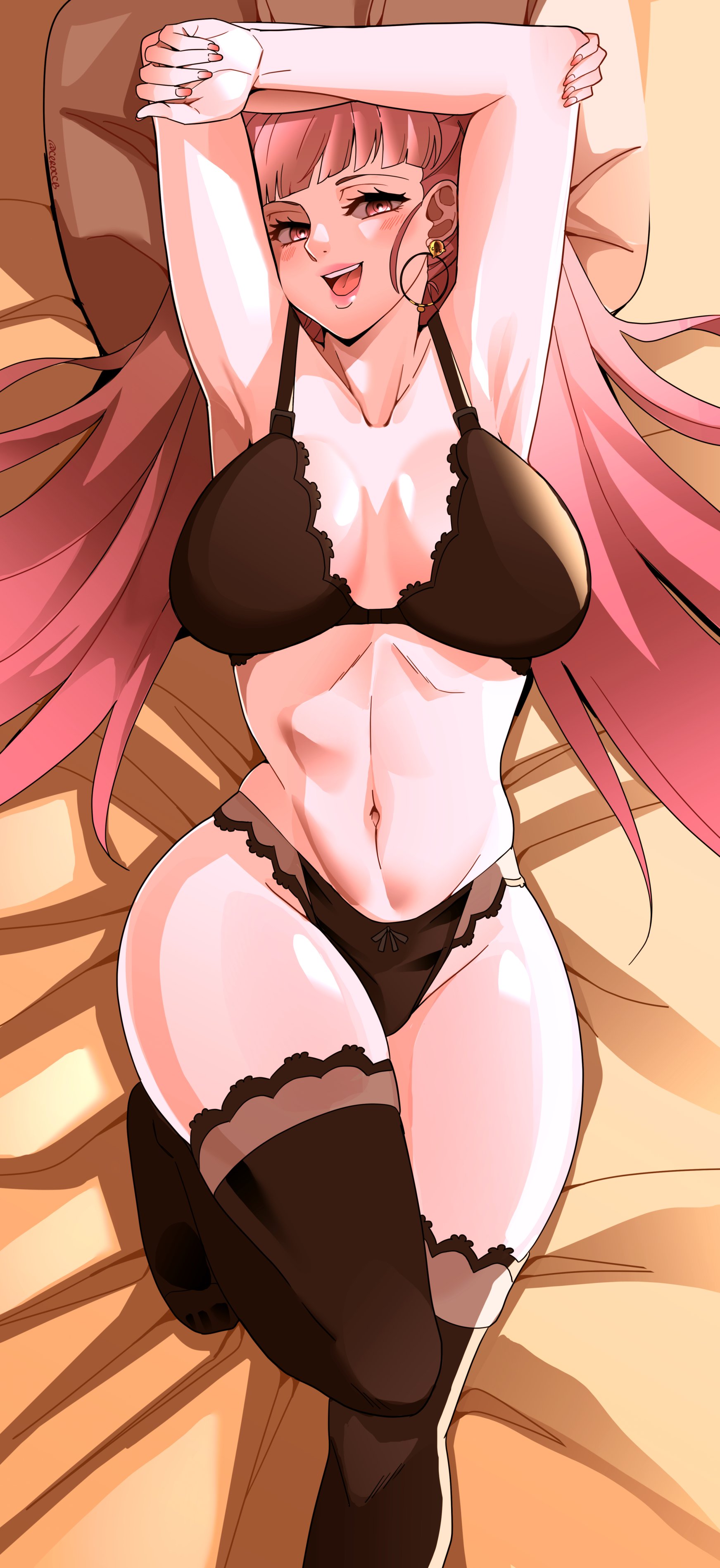 1girls, absurdres, armpits, arms up, bed, black bra, black panties, black thighhighs, blunt bangs, blush, bra, breasts, ceroccb, earrings, female, fire emblem, fire emblem: three houses, highres, hilda valentine goneril, hips, jewelry, large breasts, light skin, light-skinned female, lingerie, long hair, looking at viewer, lying on back, naughty face, navel, nintendo, open mouth, panties, pillow, pink eyes, pink hair, ponytail, round teeth, slim waist, solo, stockings, teeth, thick thighs, thighhighs, thighs, underwear, wide hips