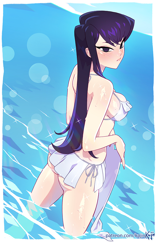 1girls, bikini, bikini bottom, bikini top, black eyes, blush, breasts, female, female only, hair, kajinman, komi shouko, komi-san wa komyushou desu, long hair, looking back, purple hair, solo, solo female, swimsuit, swimwear, water, wet, wet body, white bikini