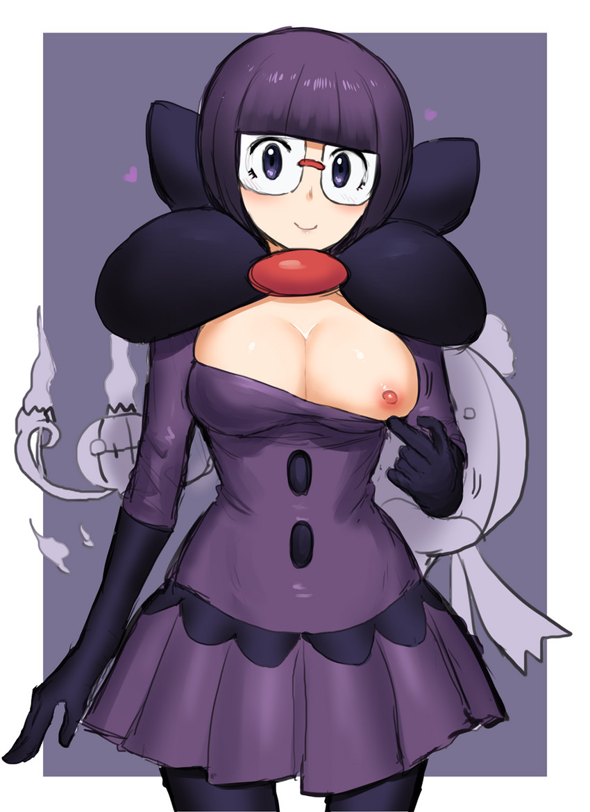 blush breasts breasts_out chandelure clothed clothed_female drifblim flashing flashing_breasts glasses gloves ichigai_(hayawossan) nipples pantyhose pink_nipples pokemon pokemon_bw purple_hair shauntal_(pokemon) shirt_pull skirt slight_blush