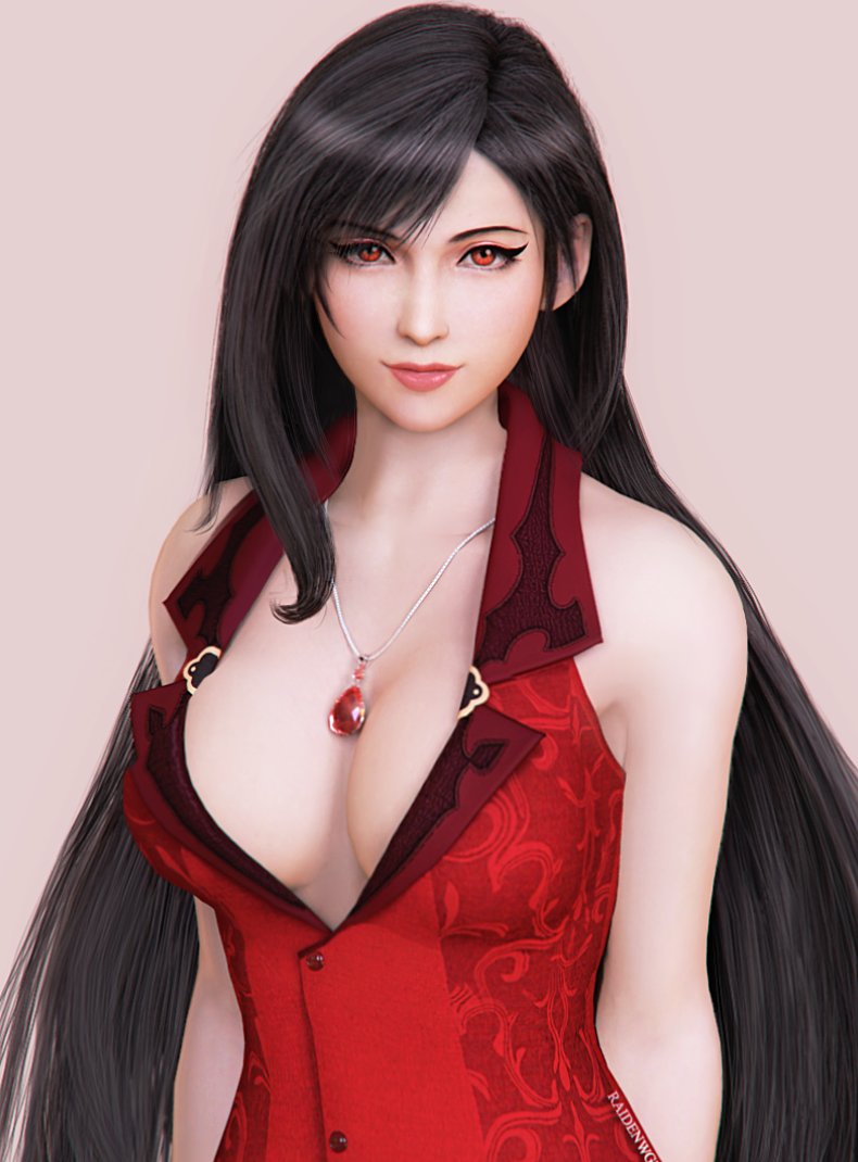 1girls, 3d, big breasts, black hair, breasts, cleavage, cosplay, female, final fantasy, final fantasy vii, final fantasy vii remake, raidenwgt, red eyes, scarlet (ffvii) (cosplay), square enix, tifa lockhart