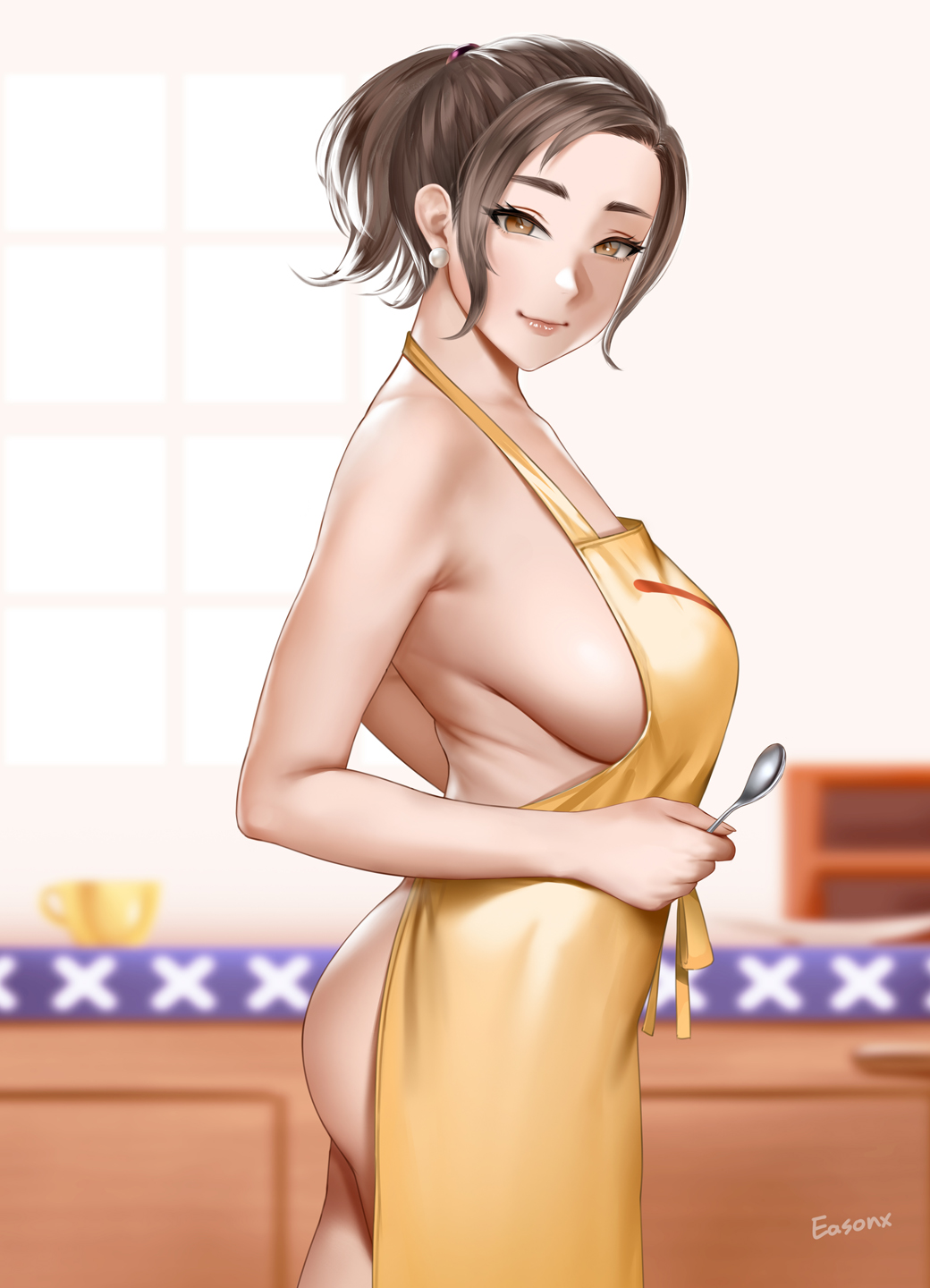 1girls apron apron_only ass big_breasts breasts brown_eyes brown_hair ear_piercing earrings easonx female female_only game_freak holding_object huge_breasts lips mature mature_female mature_woman milf mother mother_(pokemon_sv) naked_apron pokemon pokemon_sv side_view smile solo solo_female spoon yellow_apron