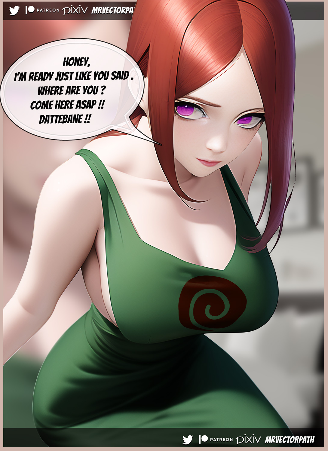 1girls, ai generated, big breasts, blurry, blurry background, breasts, busty, cleavage, dress, female, female only, green dress, long hair, mature, mature female, milf, mrvectorpath, naruto, naruto (series), naruto shippuden, no bra, oppai, purple eyes, red hair, sitting, sitting on bed, solo, solo focus, speech bubble, talking, talking to another, text, uzumaki kushina, uzumaki symbol, voluptuous, wife