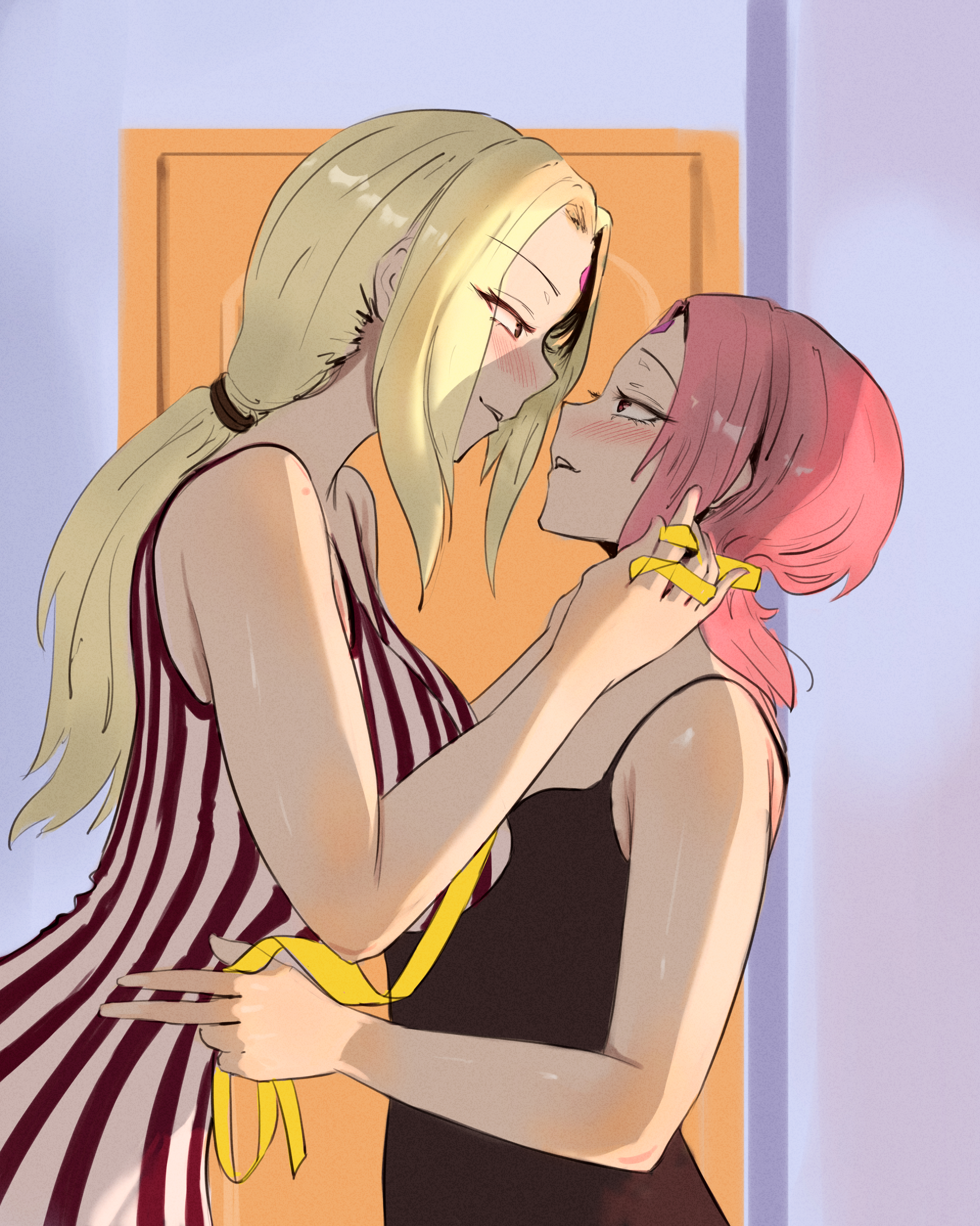 2girls, aad2dd, alternate costume, big breasts, blonde hair, blush, breasts, busty, cleavage, dress, facial mark, female, female only, female/female, forehead mark, looking at another, looking back, multiple females, multiple girls, naruto, naruto (series), naruto shippuden, older female, pink hair, sakura haruno, smile, teacher and student, tsunade, younger female, yuri