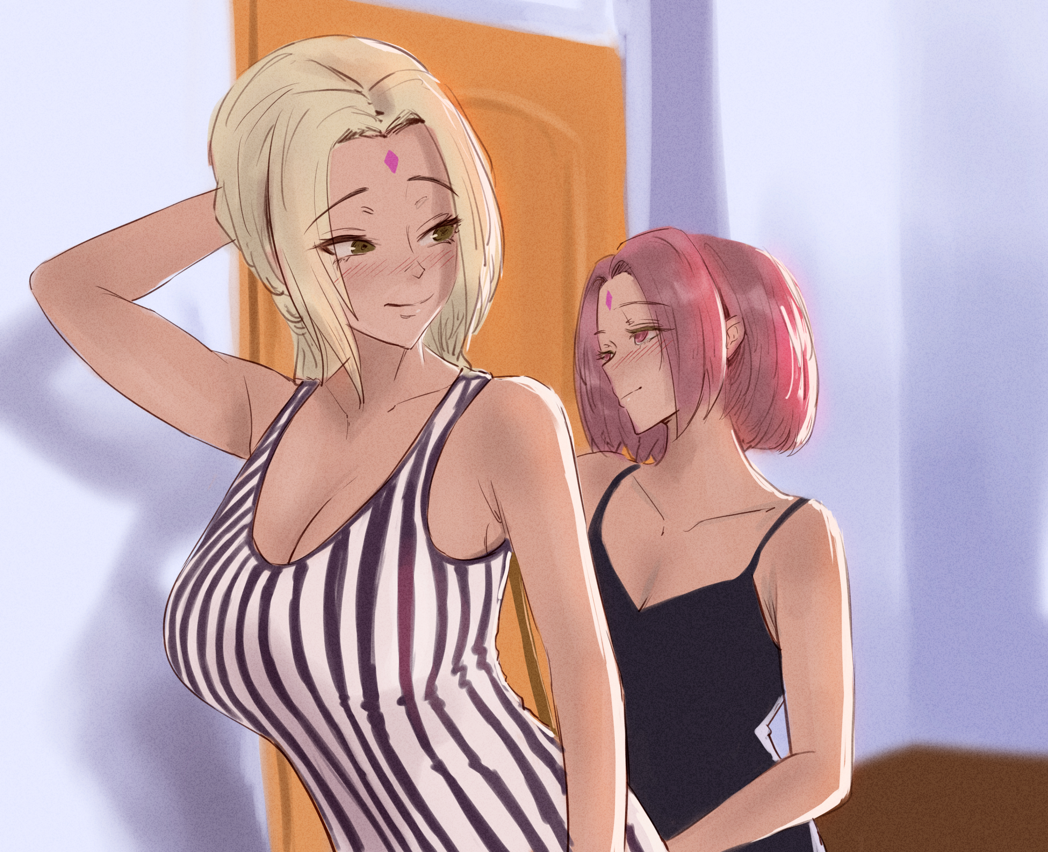 2girls, aad2dd, alternate costume, armpits, big breasts, blonde hair, blush, breasts, busty, cleavage, dress, facial mark, female, female only, female/female, forehead mark, looking at another, looking back, multiple females, multiple girls, naruto, naruto (series), naruto shippuden, older female, pink hair, sakura haruno, smile, teacher and student, tsunade, younger female, yuri