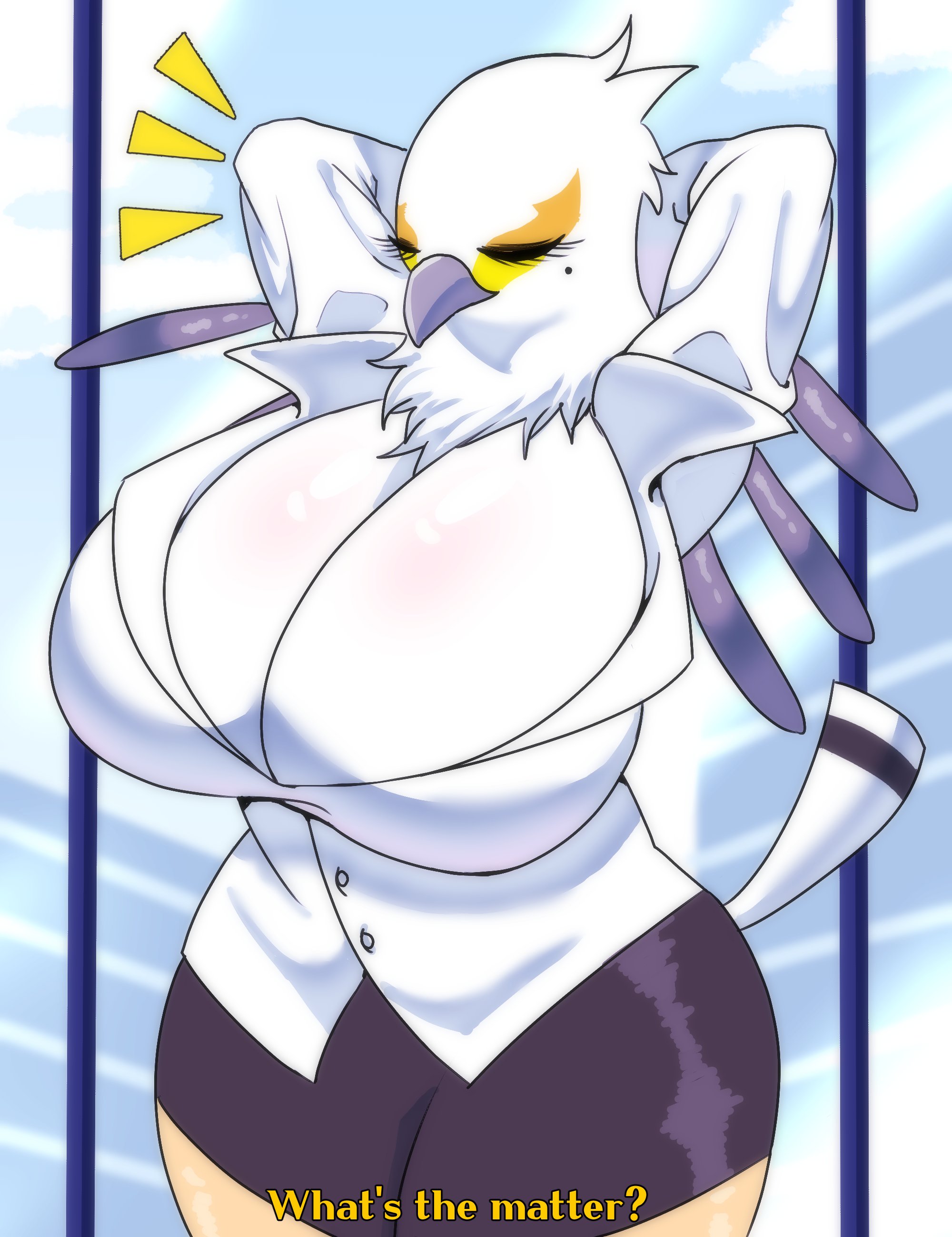 aggressive retsuko, anthro, armpits, avian, beak, big breasts, breasts, cleavage, clothed, clothing, dialogue, english text, female, furry, furry only, hi res, huge breasts, ian (artist), large breasts, sanrio, secretary bird, secretary washimi, solo, tagme, text, thick thighs