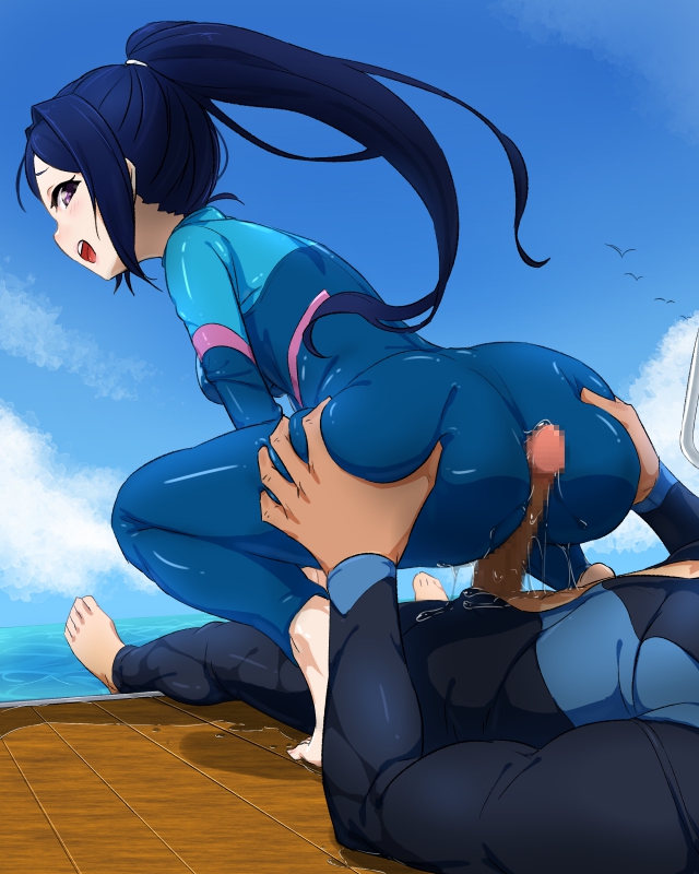 1boy 1girls ass ass_focus ass_grab back_view blue_hair blue_sky bodysuit buttjob cum female_on_top haizuru looking_back looking_pleasured love_live! love_live!_sunshine!! male matsuura_kanan ocean penis ponytail purple_eyes seaside skin_tight swimsuit tight_clothing wetsuit