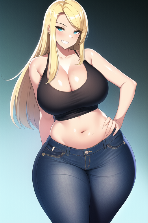 ai_generated black_tank_top blonde_hair blue_eyes hand_on_hip high_waisted_pants huge_ass huge_breasts long_hair looking_at_viewer metroid nai_diffusion nintendo samus_aran seductive_smile shiny_hair shiny_skin stable_diffusion wide_hips