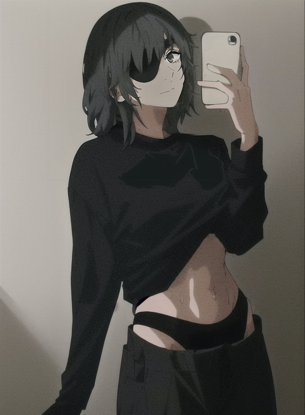 1girls 92_brks ai_generated chainsaw_man clothing eyepatch female female_only himeno_(chainsaw_man) light-skinned_female midriff nai_diffusion navel panties phone selfie shirt_lift shounen_jump smile stable_diffusion