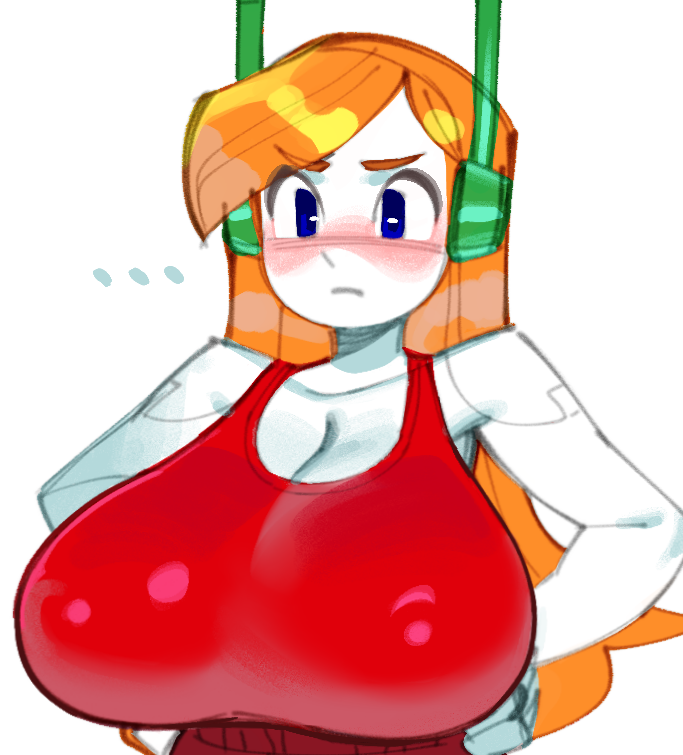 1girls, android, blonde hair, blue eyes, blush, blush lines, blushing at viewer, blushing profusely, breasts, cave story, curly brace, cute, erect nipples, female, huge breasts, large breasts, long hair, nipple bulge, nipples, plain background, red clothing, robot, robot girl, solo, solo female, tank top, wamudraws, white background