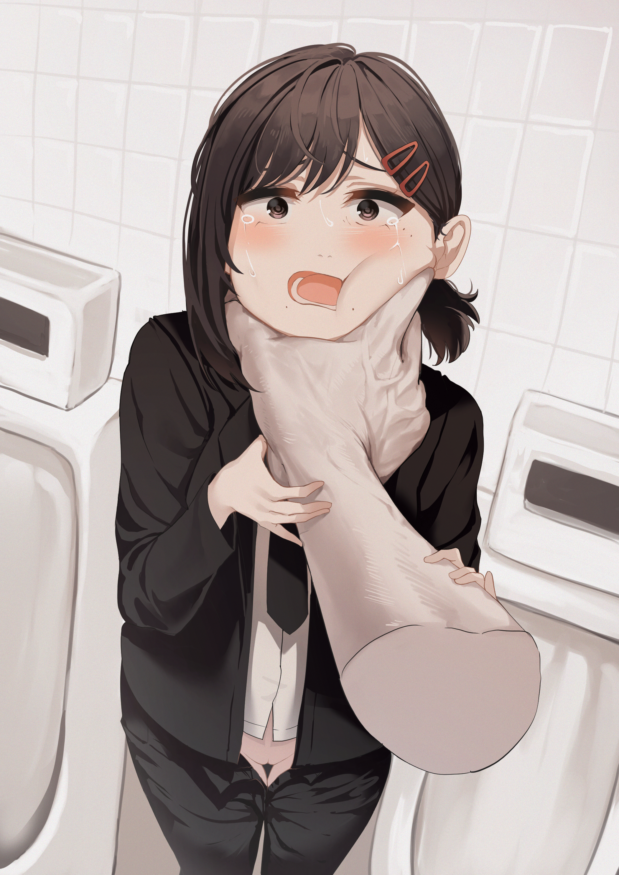 1boy, 1girls, blush, chainsaw man, choking, crying, crying with eyes open, cute, female, female focus, higashiyama kobeni, holding head, imminent rape, male, male pov, office lady, panties, pants down, pov, rape, rough, rough sex, shounen jump, unreasonable (artist), unzipped, unzipped pants