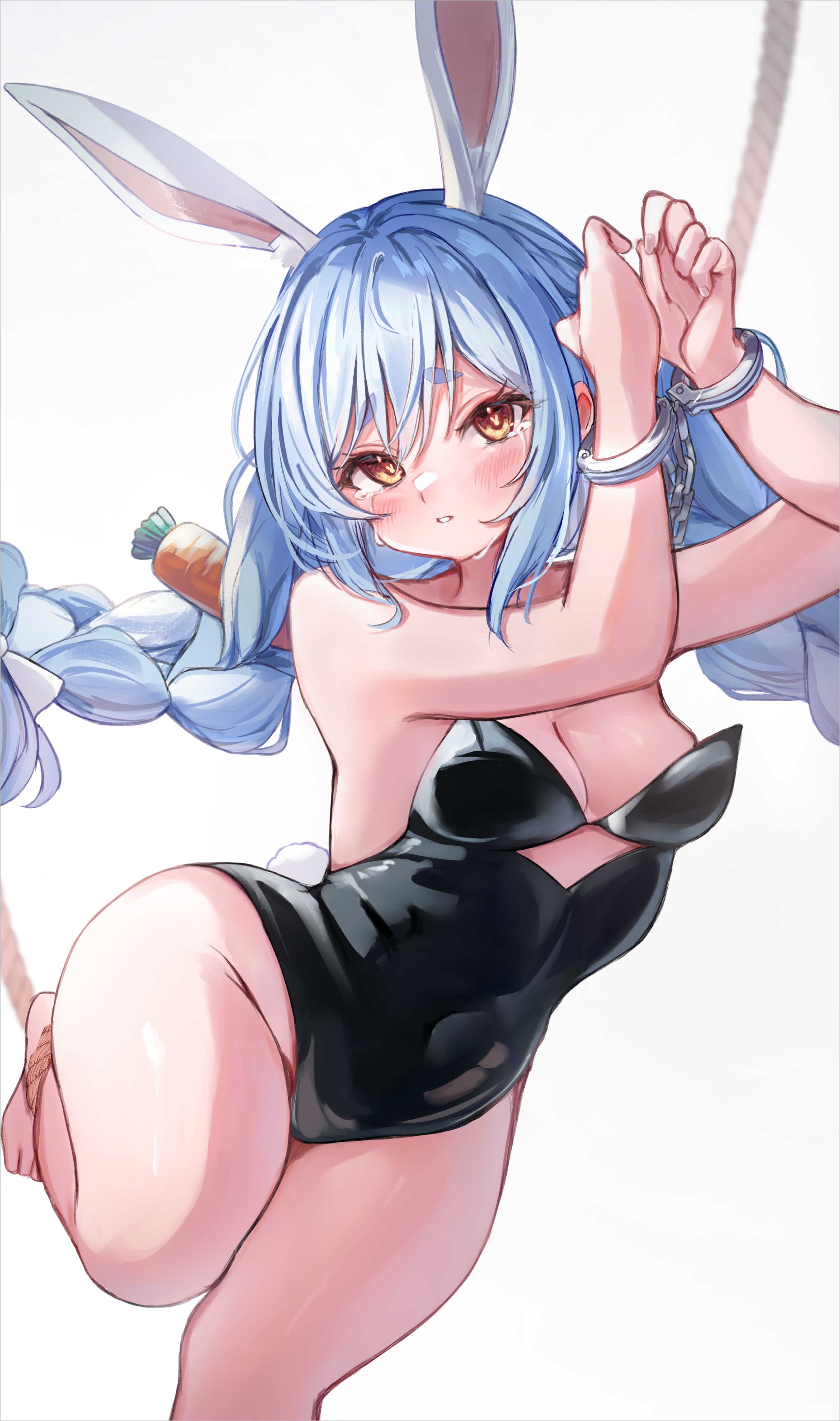 absurdres, animal ears, barefoot, blue hair, blush, braid, breasts, carrot hair ornament, chains, crying, cuffs, embarrassed, female, food-themed hair ornament, hair ornament, handcuffs, higashigure, highres, hololive, hololive fantasy, hololive japan, leotard, long hair, medium breasts, orange eyes, playboy bunny, rabbit ears, rabbit tail, rope, solo, tail, tears, twin braids, usada pekora, virtual youtuber