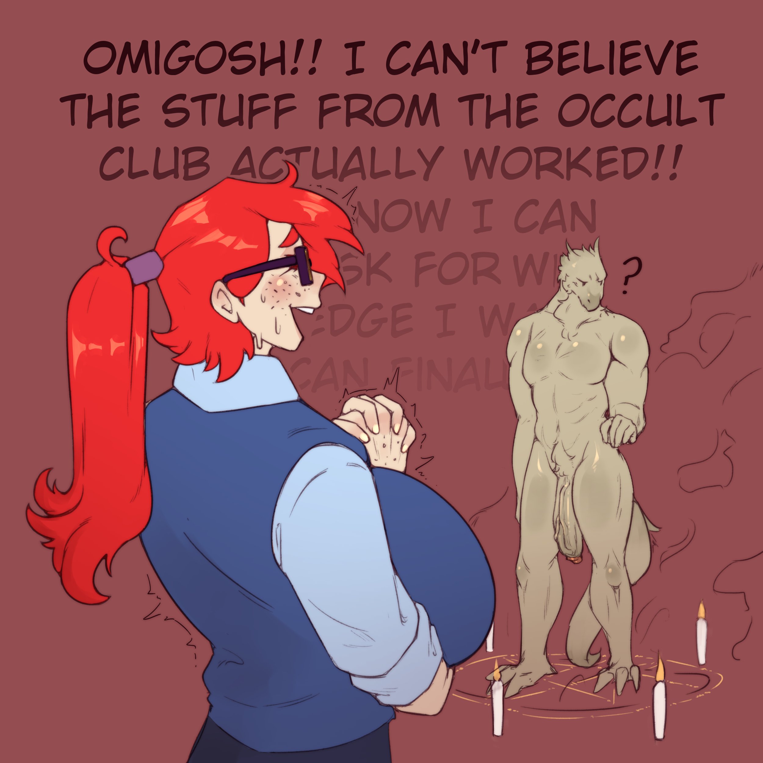 1boy, 1girls, avian, avian humanoid, beak, big breasts, breasts, candle, demon, demon boy, english text, female, freckles, glasses, huge breasts, huge cock, imminent rape, imminent sex, male, nude, nude male, nude male clothed female, original, penis, ponytail, red hair, shaking, shivering, sosoni, summoning circle