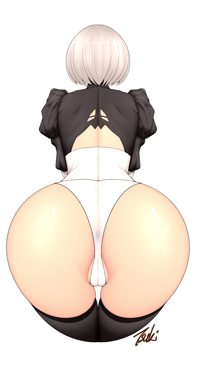 1girls ass ass_focus back back_view big_ass black_thighhighs clothing dat_ass female female_only hair huge_ass legwear leotard nier nier:_automata nier_(series) solo solo_female thick_thighs thighhighs thighs tsuki_riven white_hair yorha_2b