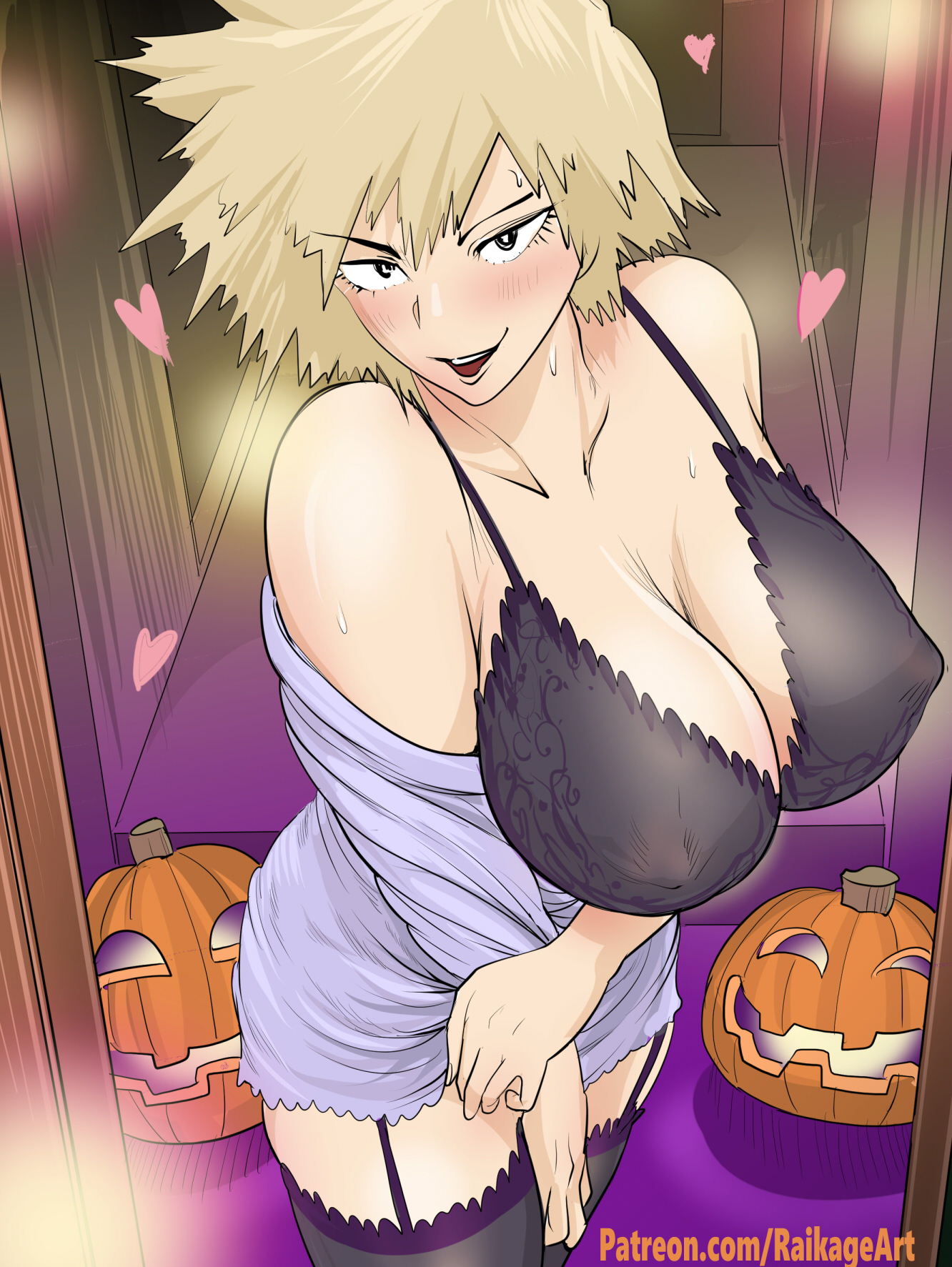 1girls, big breasts, black bra, black eyes, black thighhighs, blonde hair, blush, bra, breasts, cleavage, female, female only, garter straps, halloween, heart, huge breasts, jack-o'-lantern, looking at viewer, mature, mature female, milf, mitsuki bakugou, mother, my hero academia, pumpkin, purple shirt, raikage art, shirt, solo, solo female, thick thighs, thighhighs, thighs, topwear