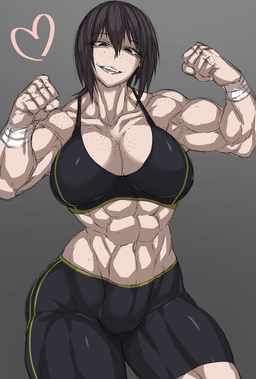 abs big_breasts black_hair cleavage curvaceous curvy curvy_figure flexing freckles muscles muscular muscular_female muscular_thighs short_hair sports_bra tagme takano_togainu_(zokosuke) thick_thighs voluptuous voluptuous_female wide_hips zokusuke