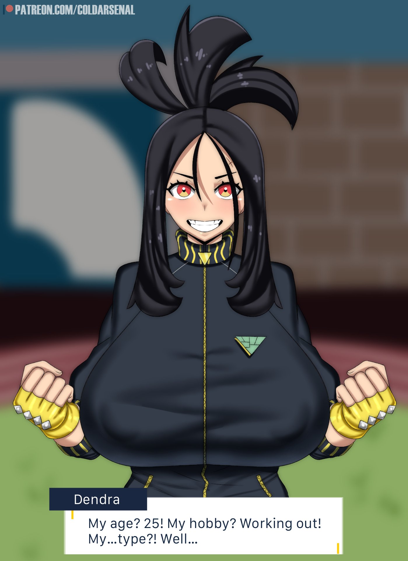 1girls, black hair, breasts, coldarsenal, dendra (pokemon), dialogue, female, game freak, hi res, huge breasts, large breasts, light skin, light-skinned female, long hair, nintendo, outdoors, pokemon, pokemon sv, solo, text, text box, track jacket