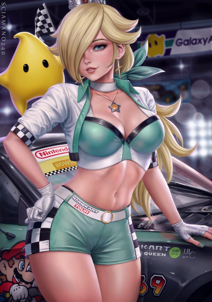 1girls, bimbo, blonde hair, blue eyes, booty shorts, car, choker, cleavage, crown, female, fingerless gloves, gloves, hair covering eye, hartman hips, looking at viewer, luma, mario (series), mario kart, midriff, necklace, one eye obstructed, princess rosalina, sciamano240, smile, tagme, tight clothing