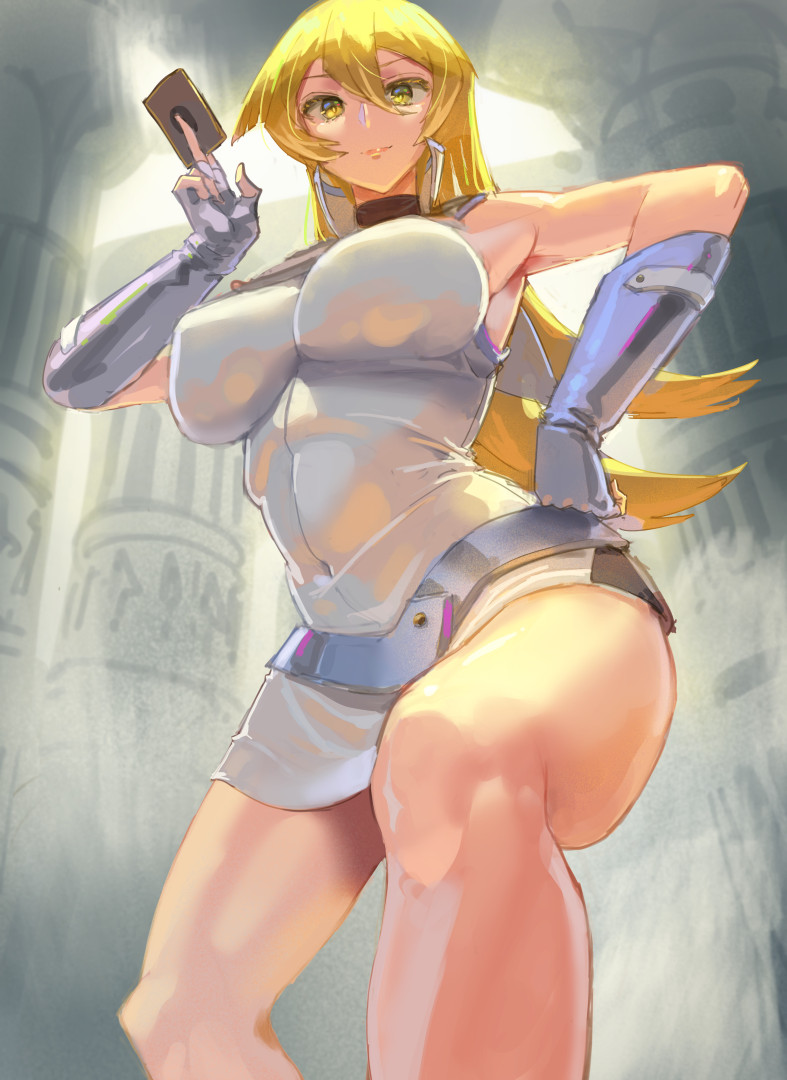 1girls alexis_rhodes armwear big_breasts blonde_hair breasts card clothing female female_only hair hand_on_hip holding_card huge_breasts kazo legs long_hair skirt smile solo solo_female thighs yellow_eyes yu-gi-oh!