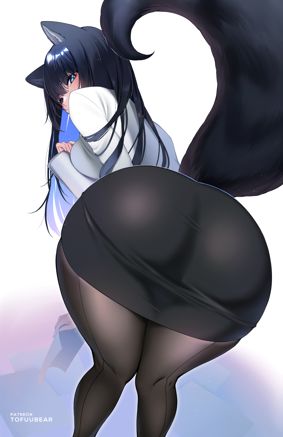 1girls, animal ears, ass, ass focus, bangs, big ass, big breasts, big butt, black hair, black pantyhose, black skirt, blue eyes, blush, blush lines, blushing, blushing at viewer, breasts, female, female focus, female only, fox ears, fox girl, fox tail, fully clothed, hi res, high resolution, highres, large breasts, light skin, light-skinned female, long hair, long sleeves, looking at viewer, looking back, original, pantyhose, pencil skirt, reiko (tofuubear), shirt, skirt, solo, solo female, solo focus, tail, thighs, tofuubear, white shirt