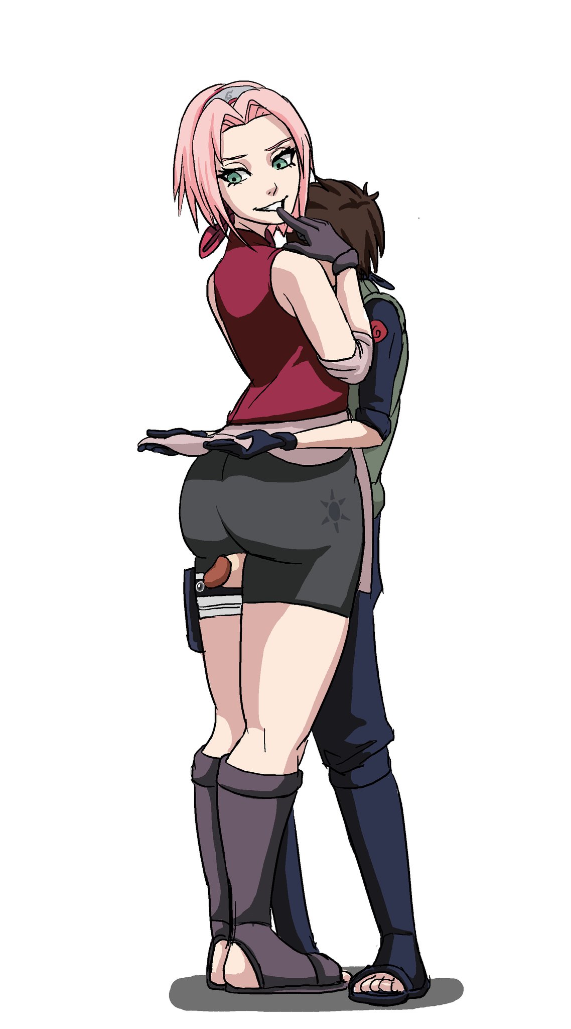 1boy 1boy1girl 1girls ass big_ass big_butt bike_shorts boots clothed clothing erection faceless_male female green_eyes legs_together looking_back lustysun male naruto naruto_(series) naruto_shippuden penis pink_hair precum sakura_haruno short_hair shorts smile smiling standing standing_sex straight tagme thigh_sex thighs white_background