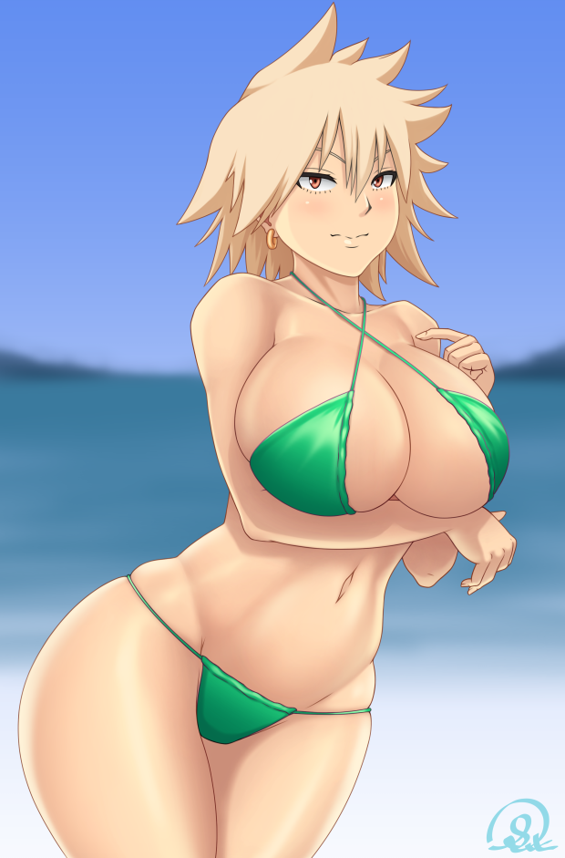 1girls, about to burst, alternate version available, barely contained, barely contained breasts, barely fits, big breasts, bikini, bikini bottom, bikini top, blonde hair, breasts, breasts too big, bursting breasts, cleavage, ear piercing, earrings, female, female only, green bikini, hair, huge breasts, imminent wardrobe malfunction, mature, mature female, milf, mitsuki bakugou, mother, my hero academia, red eyes, rocky-ace, solo, solo female, straining clothing, swimsuit, swimwear, thick thighs, thighs, tight bikini, tight fit, tight swimsuit, tight swimwear, too tight, undersized clothes, undersized clothing