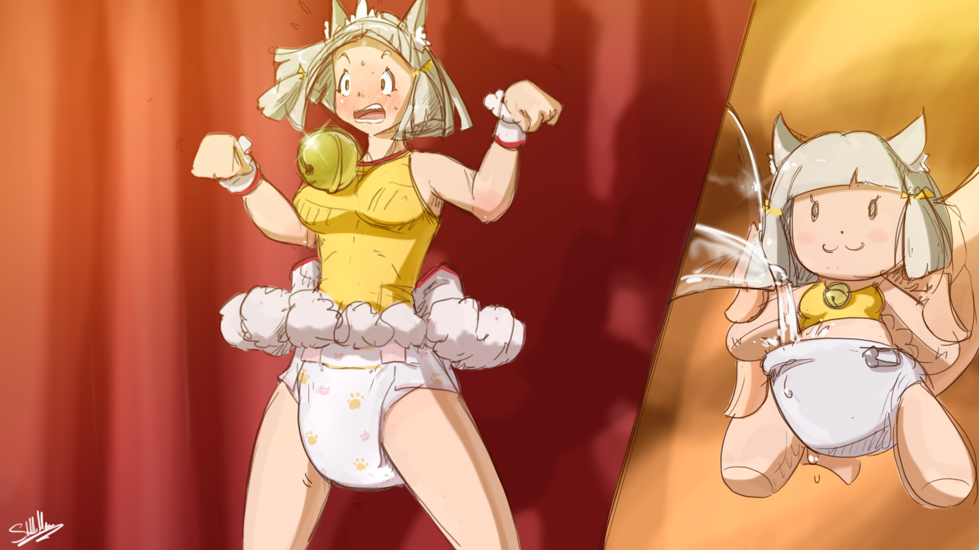 1girls, bell, breasts, cat bell, cat ears, diaper, female, large breasts, miniskirt, nia, nintendo, pouring water, shirt, short hair, silver hair, sketchmandl, skirt, voodoo doll, xenoblade (series), xenoblade chronicles 2, yellow eyes, yellow shirt