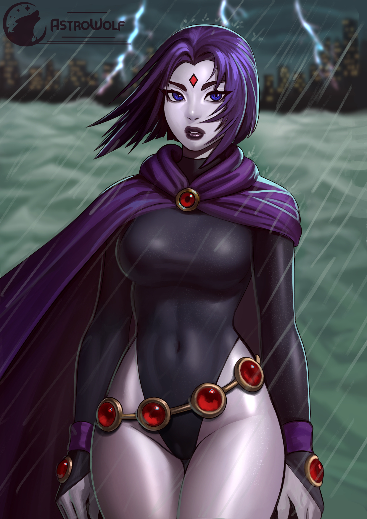 1girls, astrowolf, belt, black lipstick, blue eyes, cameltoe, cloak, dc, dc comics, detailed background, female, female only, forehead jewel, grey skin, hi res, hooded cloak, legs together, leotard, looking at viewer, medium hair, purple hair, pussy, rachel roth, raining, raven (dc), sea, solo, teen titans, thick thighs, thigh gap