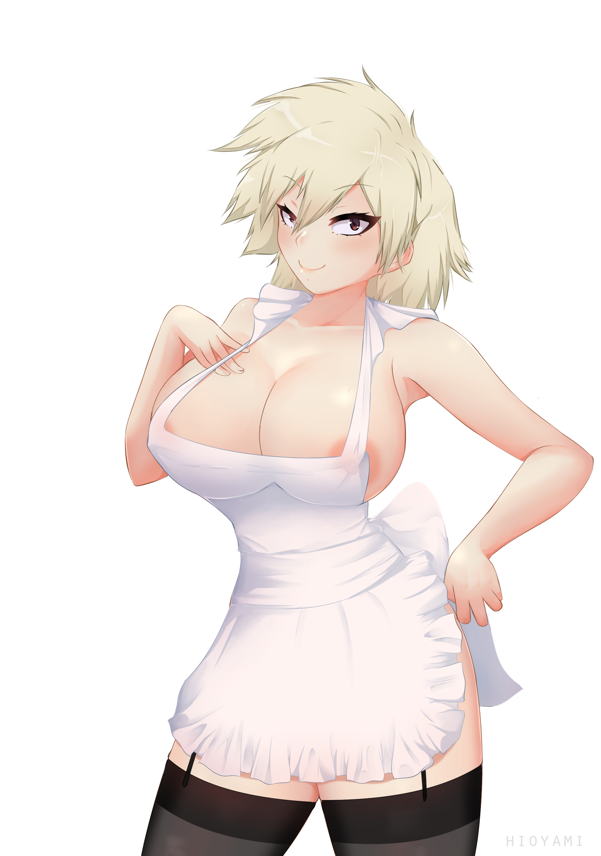 1girls, alternate version available, apron, apron only, areolae, big breasts, black thighhighs, blonde hair, breasts, cleavage, female, female only, garter straps, hair, hioyami, huge breasts, legwear, looking at viewer, mature, mature female, milf, mitsuki bakugou, mother, my hero academia, naked apron, red eyes, smile, solo, solo female, thick thighs, thighhighs, thighs, white apron