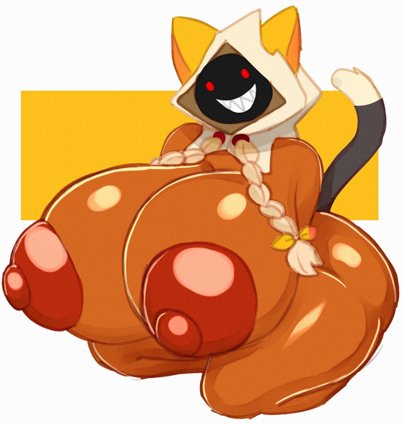 1girls, angstrom, areola, areolae, big breasts, blazblue, breasts, breasts bigger than head, busty, dark skin, dark-skinned female, female, female only, huge breasts, hyper, hyper breasts, kaka (blazblue), kneeling, large breasts, nipples, non-euclidean border, nude, nude female, on knees, solo, taokaka, thick thighs