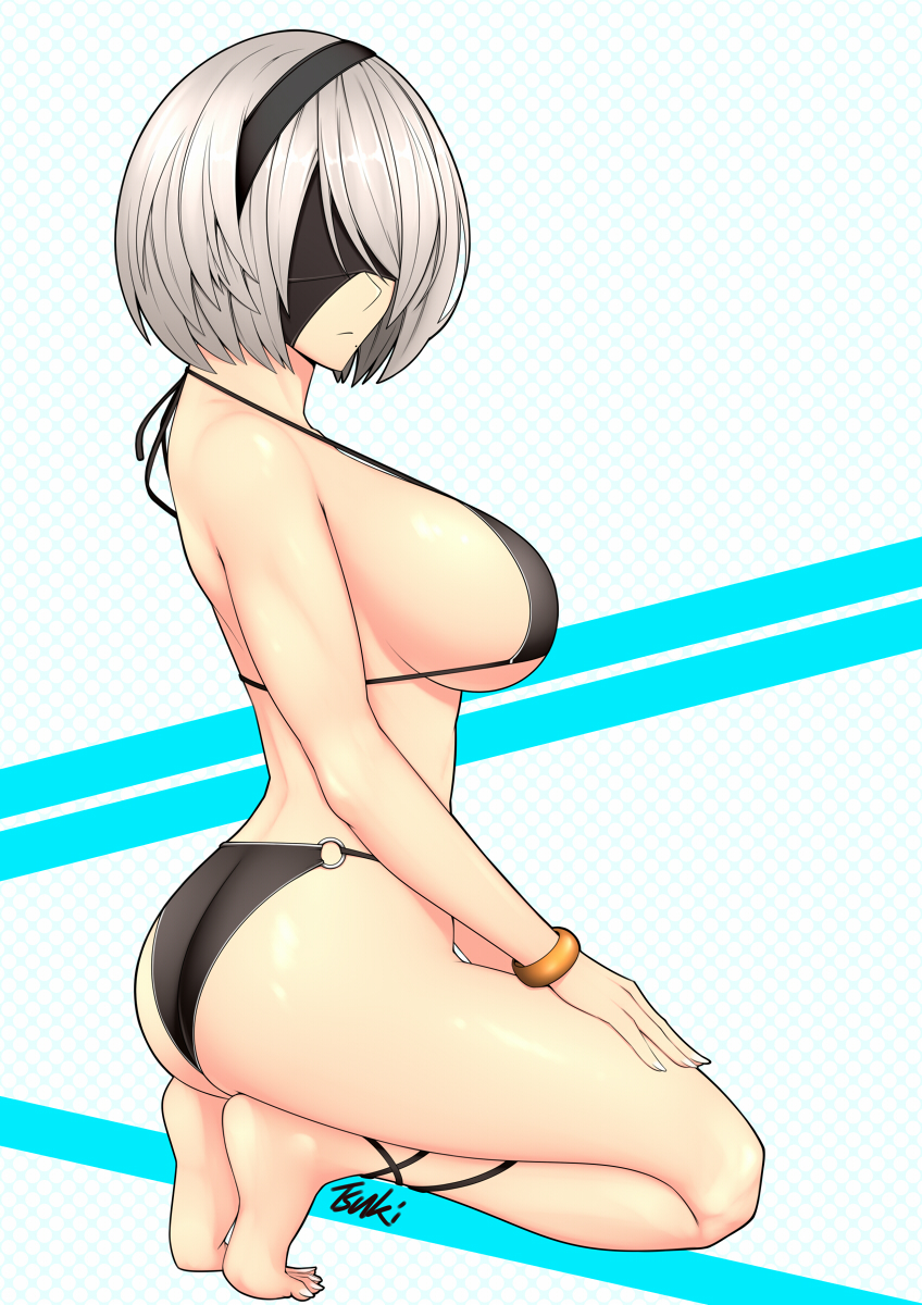 1girls armwear big_breasts bikini bikini_bottom bikini_top black_bikini blindfold bracelet breasts eyewear feet female female_only hair huge_breasts mole mole_under_mouth nier nier:_automata nier_(series) short_hair side_view sideboob solo solo_female swimsuit swimwear thighs tsuki_riven white_hair yorha_2b