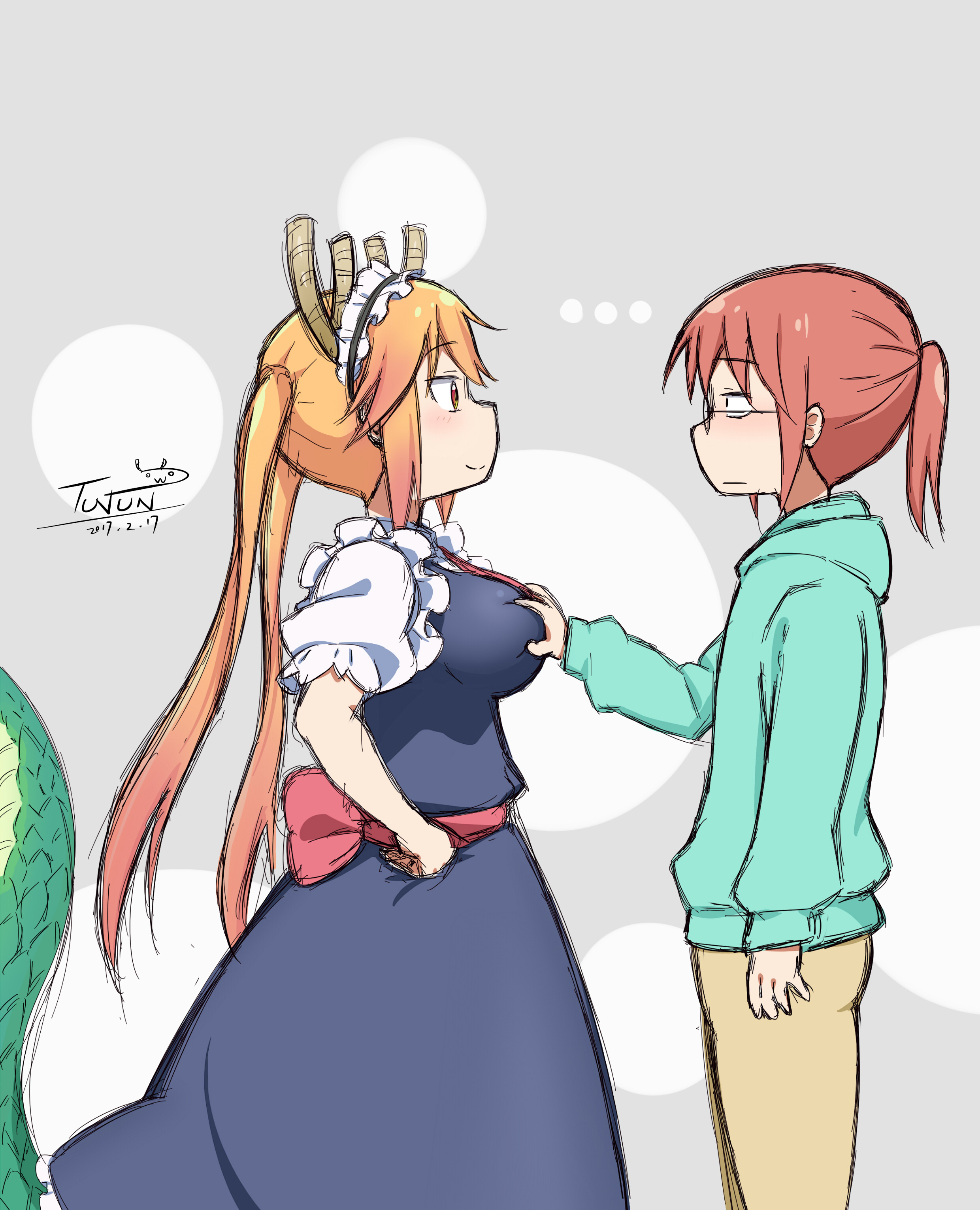 2girls, big breasts, breast grab, breasts, female, kobayashi, maid, miss kobayashi's dragon maid, risami121, tagme, tohru (dragon maid), yuri