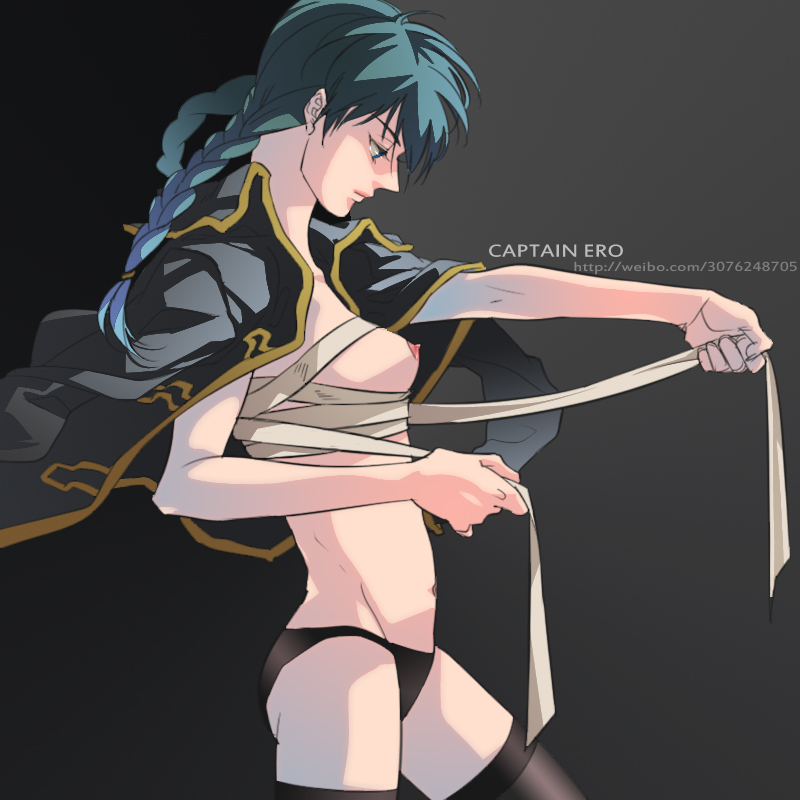 alternate_body_type black_background black_legwear black_panties black_thighhighs blue_hair braided_hair canon_genderswap captain_ero dark_hair female female_only genderswap_(mtf) gintama hijikata_tenko hijikata_toshiro jacket_on_shoulders long_hair looking_down nylons panties police_uniform profile rule_63 sarashi shinsengumi_(gintama) small_breasts solo thighhighs twin_braids