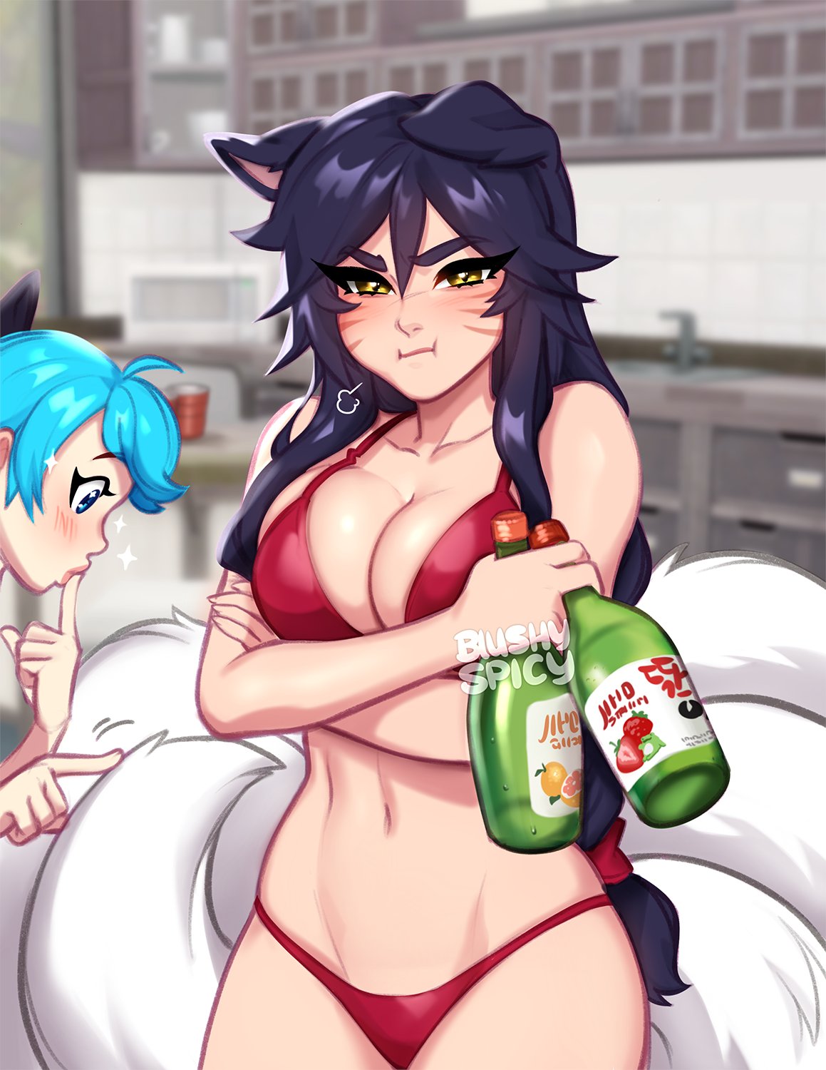 2girls ahri alcohol alcoholic_drink annoyed artist_logo artist_name artist_signature bare_shoulders bikini black_hair blue_eyes blue_hair blush blushypixy blushyspicy characters_in_the_background clothed clothing crossed_arms curious cute_expression digital_drawing_(artwork) duo eyebrows eyebrows_visible_through_hair eyelashes eyes_open eyes_wide_open female female_focus female_only finger_to_mouth fingers folded_ears glass_bottle glass_container green_bottle gwen_(league_of_legends) hair hair_between_eyes heterochromia holding_bottle holding_object human implied_male indoor indoors inside league_of_legends light light-skinned_female light_skin living looking_away looking_down lower_body_out_of_frame mammal midriff multicolored_eyes multiple_girls nearly_nude out_of_frame pool_party riot_games sad scantily_clad slightly_angry swimsuit swimwear tail tail_motion upper_body variant video_game_character visible_breath watermark yellow_eyes