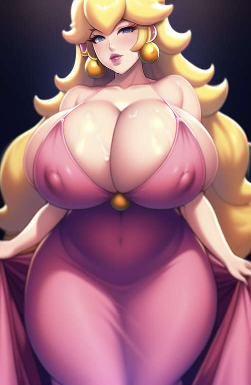 1girls, ai generated, big breasts, big lips, big nipples, big thighs, blonde hair, blue eyes, breasts, cleavage, clothed, clothing, deep cleavage, dress, earrings, erect nipples, female, female only, front view, huge breasts, huge thighs, large breasts, large thighs, long hair, mario (series), nai diffusion, nintendo, nipple bulge, nipples, princess peach, red lips, red lipstick, shiny breasts, shiny hair, shiny skin, solo, stable diffusion, standing, thick thighs, thighs, venus body, wet, wet body, wet skin, white skin, yellow hair