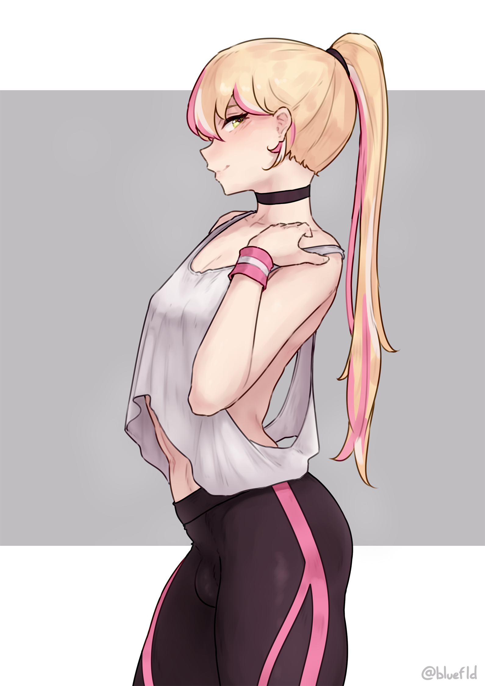 1boy, blonde hair, bluefield, bulge, choker, femboy, girly, green eyes, heart-shaped pupils, light skin, light-skinned male, long hair, male, naughty face, original character, otoko no ko, penis, ponytail, smile, solo, solo male, sportswear, tank top, trap, yoga pants