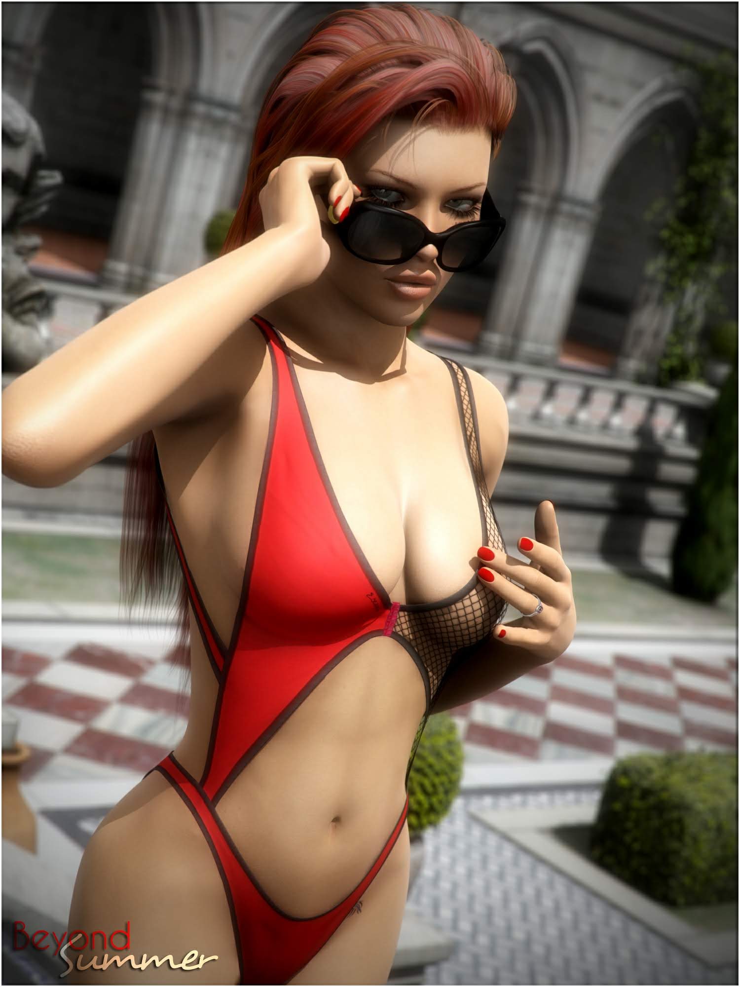 adjusting_eyewear adjusting_glasses adjusting_sunglasses breasts female looking_over_eyewear looking_over_glasses looking_over_sunglasses solo sunglasses swimsuit sydgrl3d tinted_eyewear